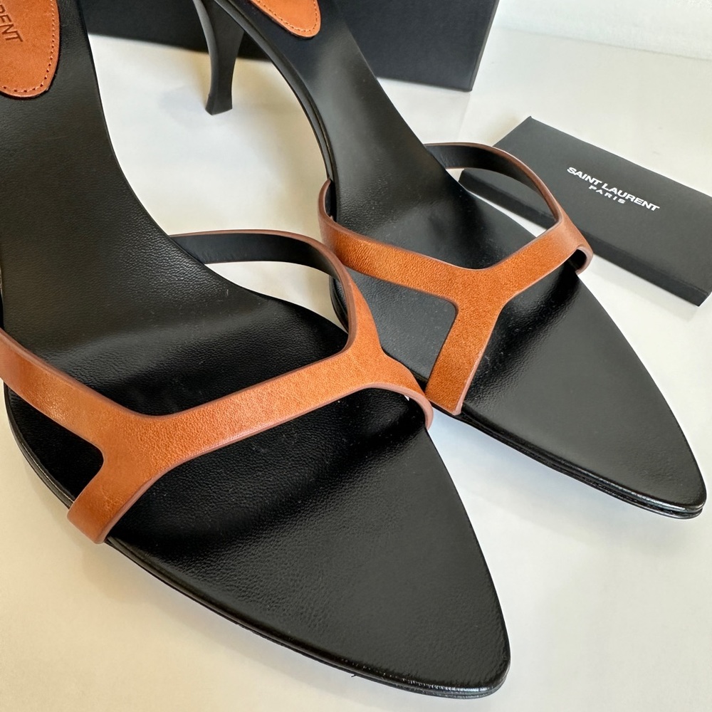 Saint Laurent Carla Black Leather Mules with Tan Straps - Picture 3 of 16